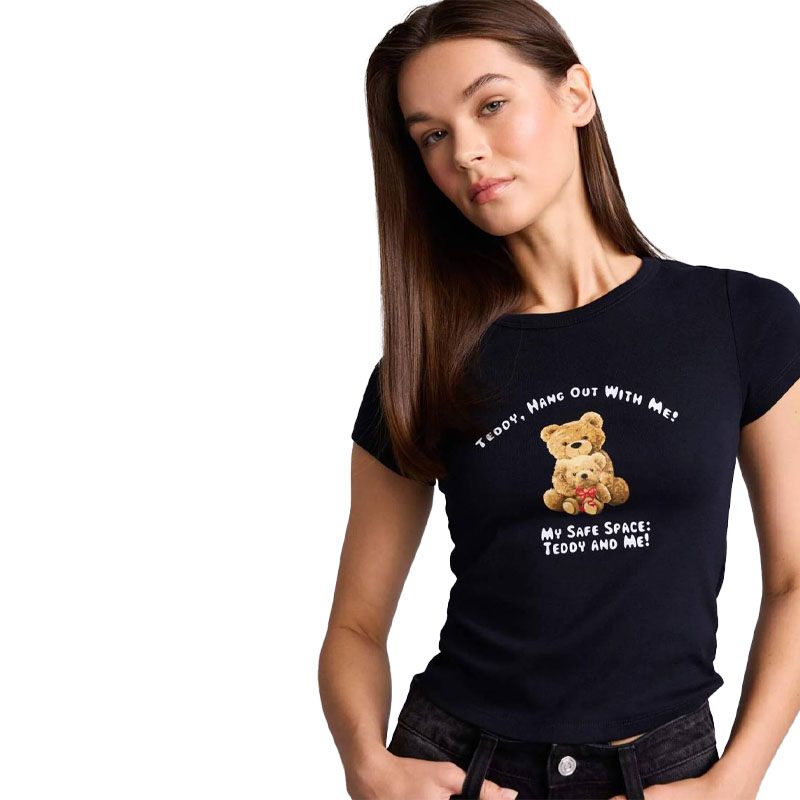 DeFacto Fitted Crew Neck Bear Print Ribbed Short Sleeve T-Shirt تیشرت زنانه جذب یقه گرد ریب با چاپ خرس دیفکتو - Image 1